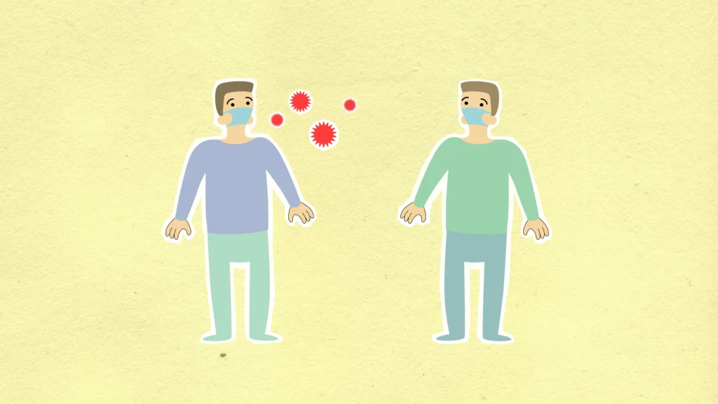 Illustration showing infection spread between two people wearing masks