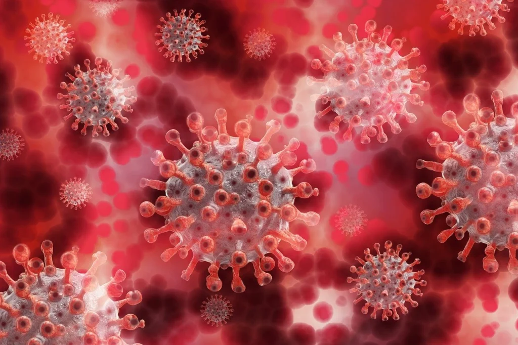 Illustration of influenza virus particles showing how flu infection spreads in the body