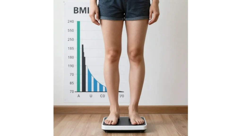 Person standing on weighing scale with BMI chart to assess obesity and body weight status