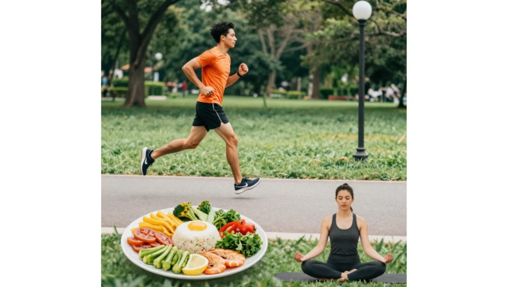 Person jogging, healthy balanced diet plate, and woman meditating to prevent obesity and maintain a healthy lifestyle