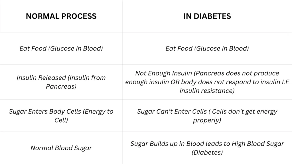 Diagram showing how diabetes happens: normal insulin function vs insulin resistance and high blood sugar process