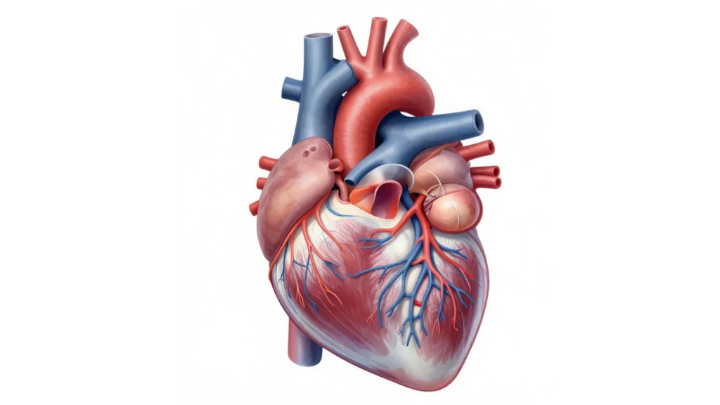 Illustration of human heart anatomy showing arteries, veins, and blood vessels related to heart disease