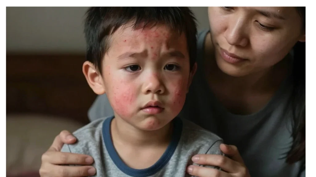 Child with red rash on face showing measles symptoms with caregiver support