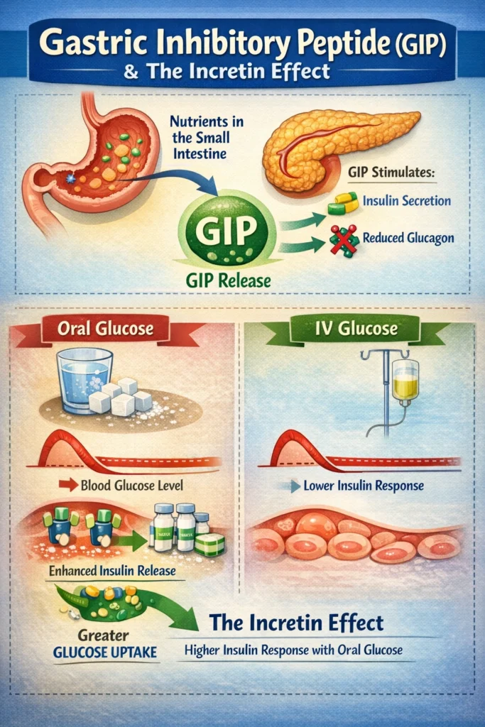 Gastric inhibitory peptide GIP and incretin effect showing insulin secretion after oral glucose intake