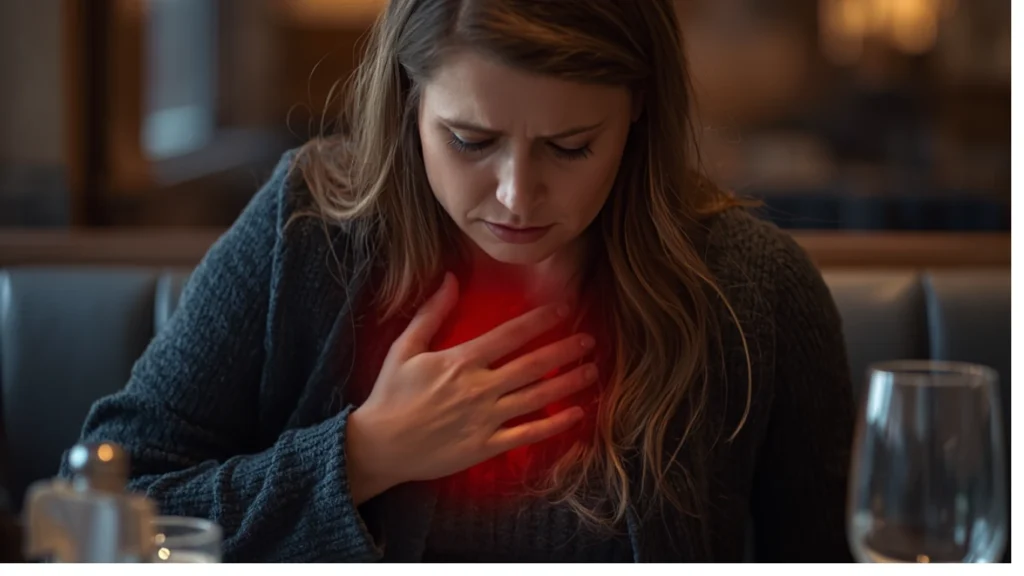 Woman experiencing heartburn and chest pain, a common symptom of GERD without esophagitis