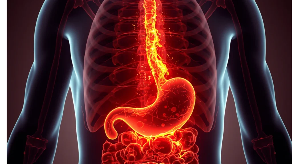 Medical illustration of acid reflux related to ICD 10 Code for GERD without esophagitis