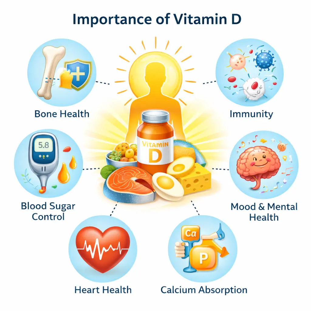Infographic showing importance of vitamin D including bone health, immunity, blood sugar control, heart health and calcium absorption