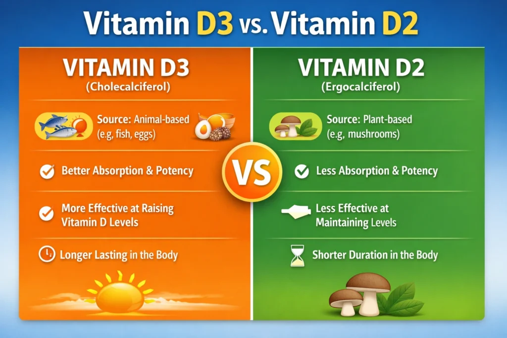 Difference between Vitamin D3 and Vitamin D2 supplements with benefits and absorption comparison