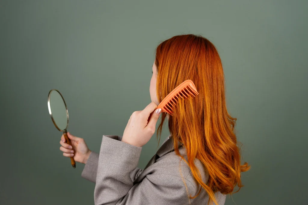 Can dandruff cause hair loss? Woman checking hair condition while combing and inspecting scalp