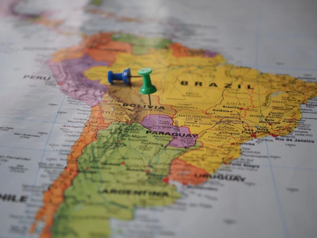 Map of South America highlighting travel destinations where a Yellow Fever Jab vaccine may be recommended